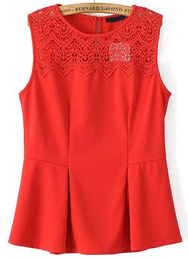 Romwe Red Sleeveless Hollow Lace Ruffle Top