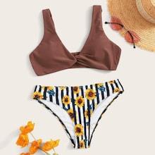 Romwe Twist Front Top With Random Mixed Print Bikini Set