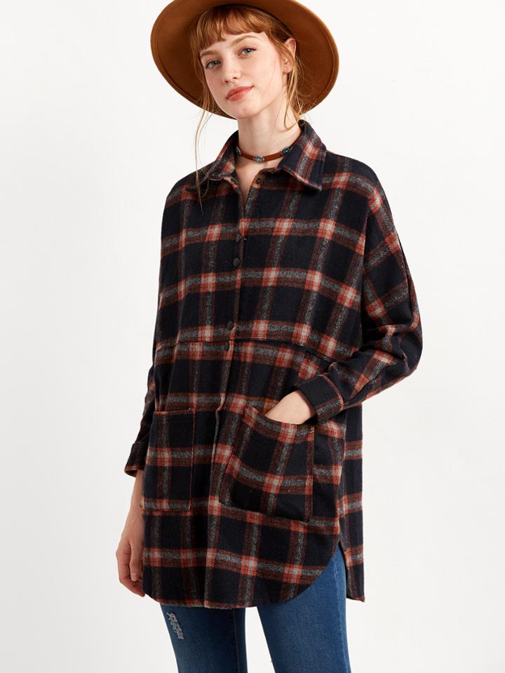 Romwe Tartan Plaid Split Blouse With Pockets