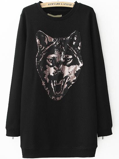 Romwe Leopard Print Long Black Sweatshirt