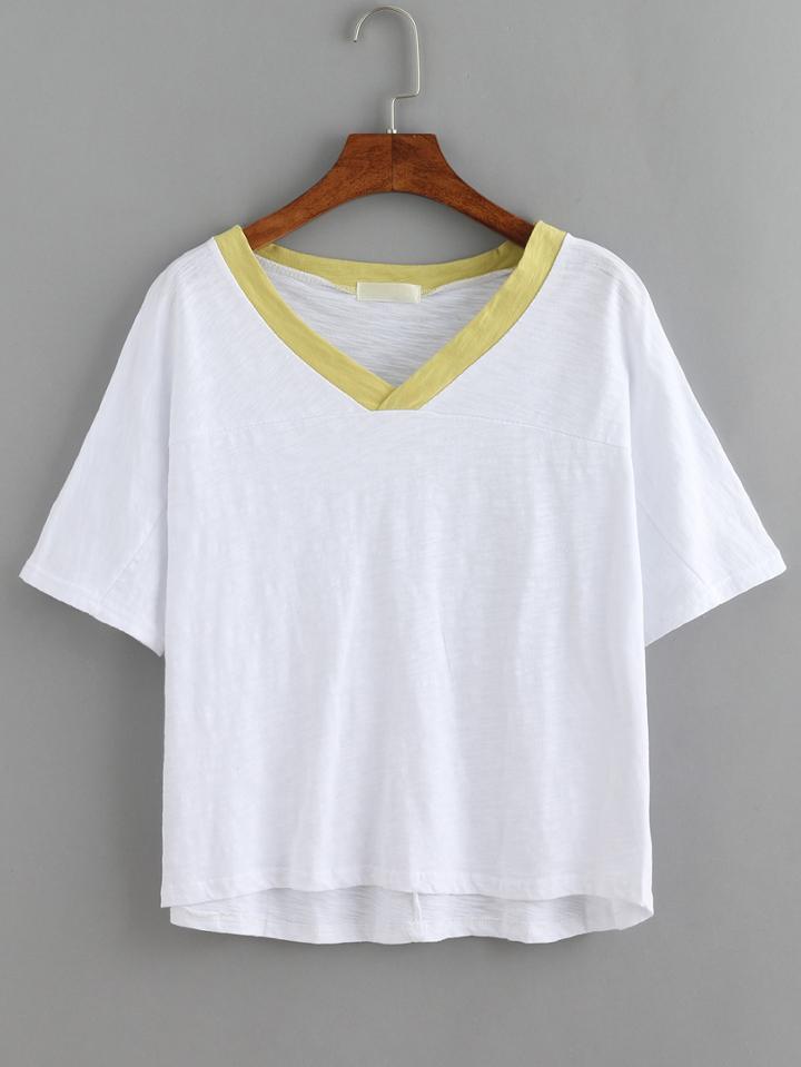 Romwe Contrast V-neck White Slub T-shirt