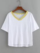 Romwe Contrast V-neck White Slub T-shirt