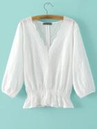 Romwe White Scallop Neck Crochet Peplum Blouse
