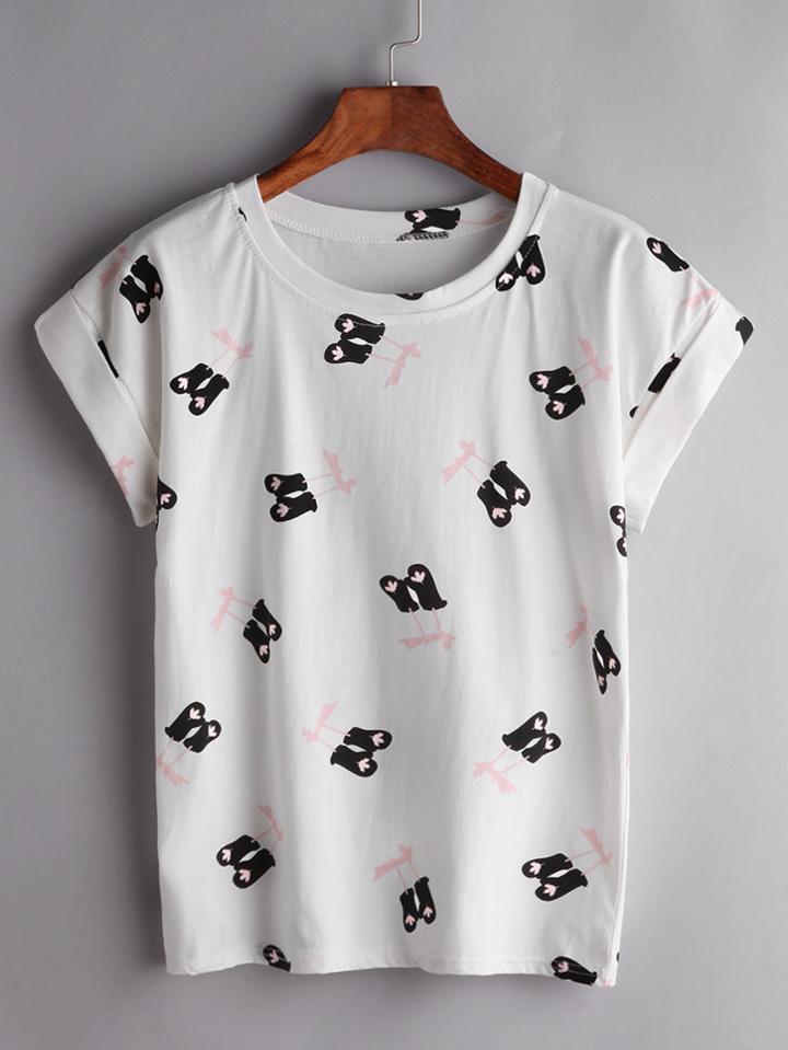 Romwe White Gloves Print Cuffed T-shirt