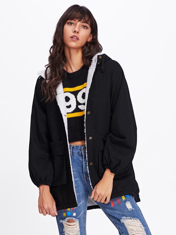 Romwe Contrast Faux Shearling Hooded Denim Coat