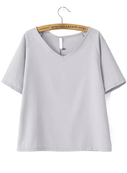 Romwe V Neck Chiffon Grey T-shirt
