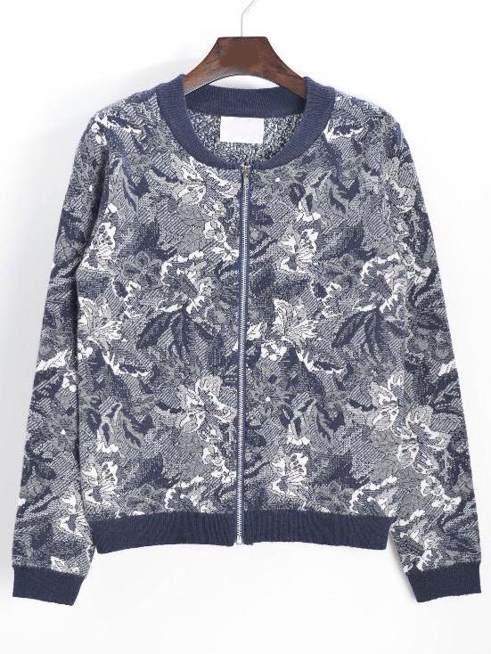 Romwe Long Sleeve Florals Zipper Blue Coat