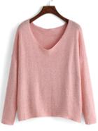 Romwe V Neck Loose Pink Sweater
