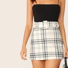 Romwe High Waist Buckle Belted Plaid Skirt
