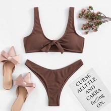Romwe Ribbed Tie Front Top With High Leg Bikini