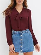 Romwe Burgundy Tie-neck Long Sleeve Chiffon Blouse