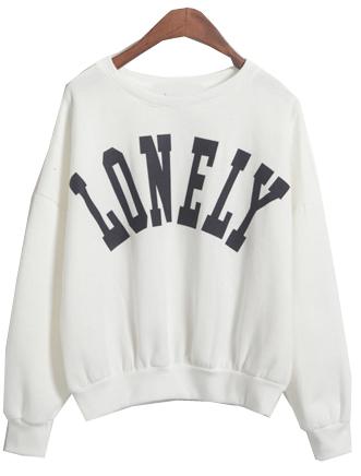 Romwe Lonely Print Crop Loose White Sweatshirt