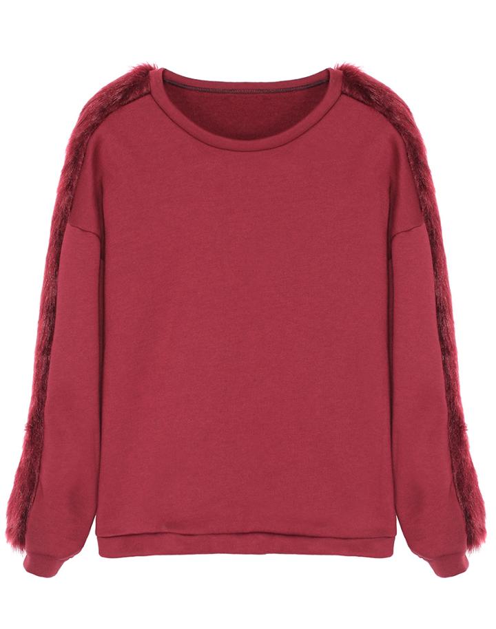 Romwe Contrast Faux Fur Wine Red Sweatshirt