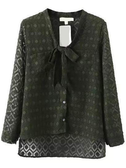 Romwe Dip Hem V Neck Bow Blouse