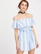Romwe Flounce Layered Neckline Striped Romper With Belt