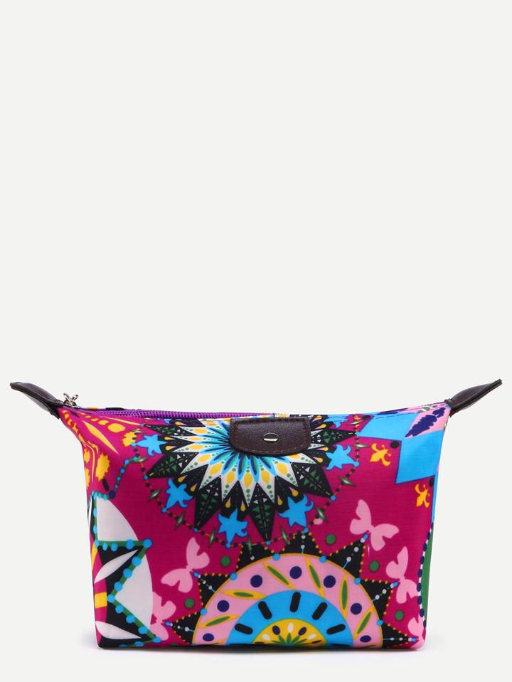 Romwe Hot Pink Circle Print Zip Top Makeup Bag
