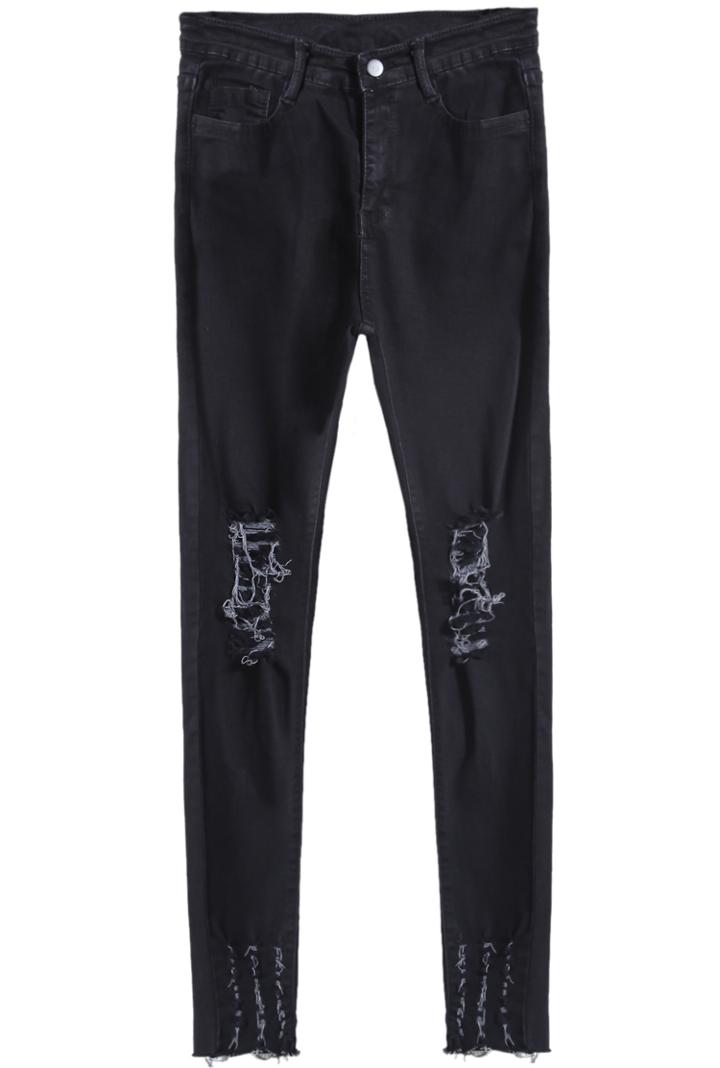 Romwe Black Button Ripped Denim Pant
