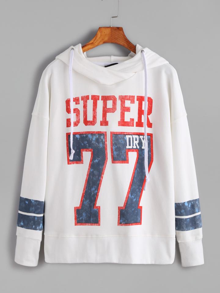 Romwe White Varsity Print Drop Shoulder Drawstring Hooded Sweatshirt
