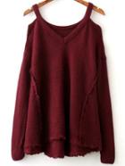 Romwe Burgundy Cold Shoulder Asymmetrical Hem Sweater
