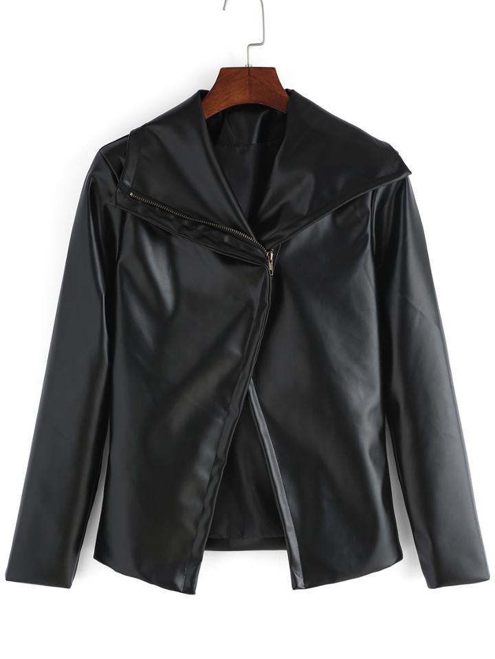 Romwe Lapel Zipper Pu Slim Black Jacket
