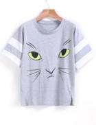 Romwe Cat Print Striped Grey T-shirt