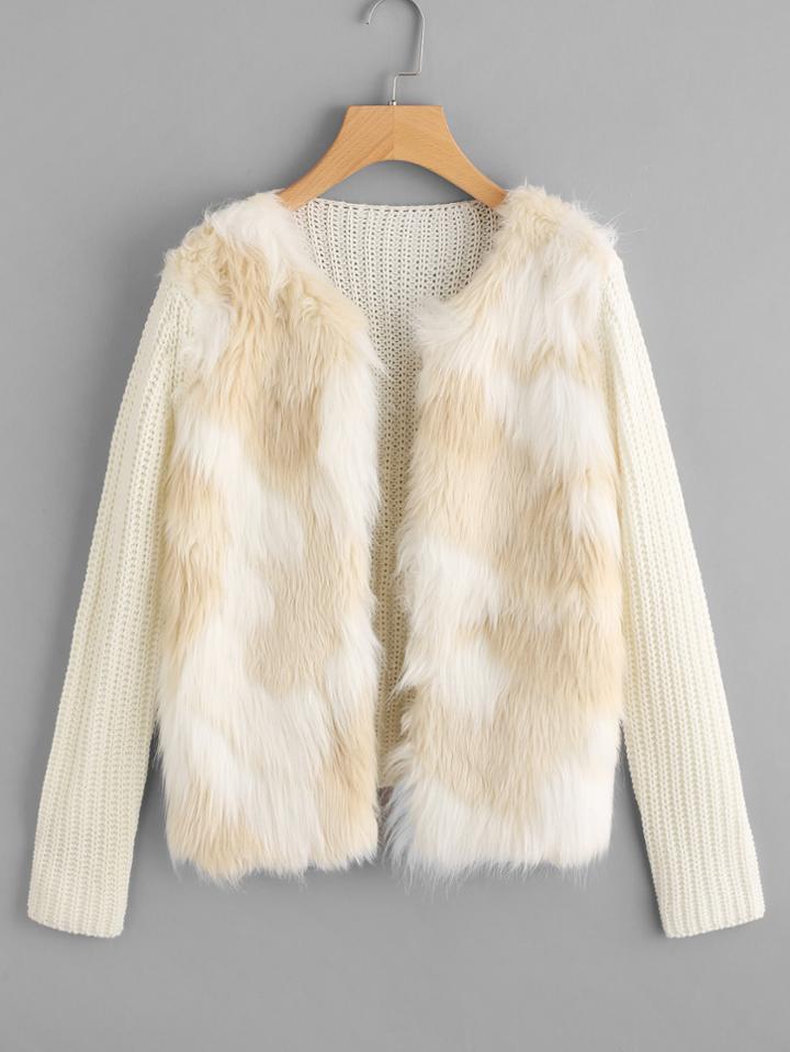 Romwe Faux Fur Overlay Open Front Cardigan