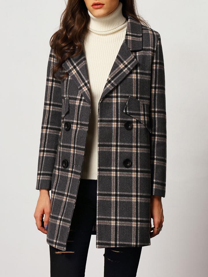 Romwe Lapel Plaid Double Breasted Long Coat