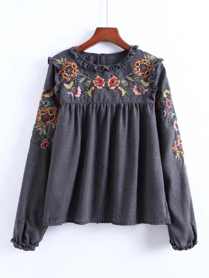 Romwe Frill Detail Embroidery Blouse