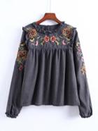Romwe Frill Detail Embroidery Blouse