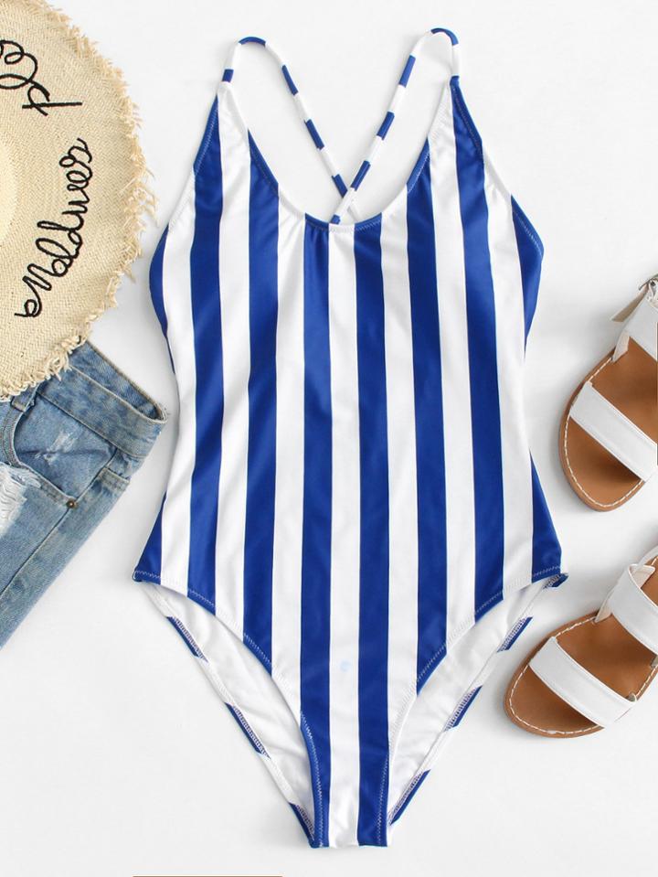 Romwe Crisscross Back Striped Swimsuit