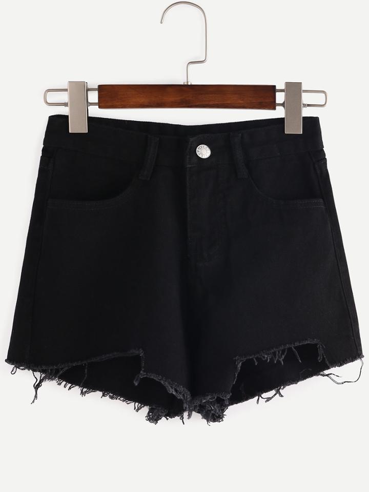 Romwe Black Raw Hem Shorts