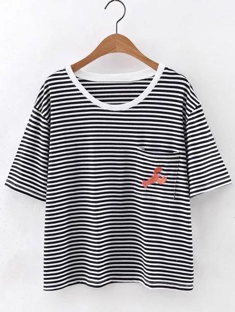 Romwe Red Lobster Embroidery Pocket Stripe T-shirt