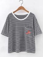 Romwe Red Lobster Embroidery Pocket Stripe T-shirt