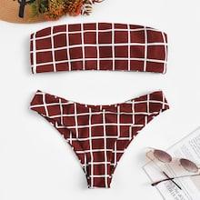 Romwe Plaid Bandeau With Low Rise Bikini Set
