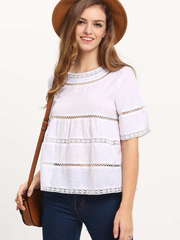 Romwe White Eyelet Lace Hem Blouse