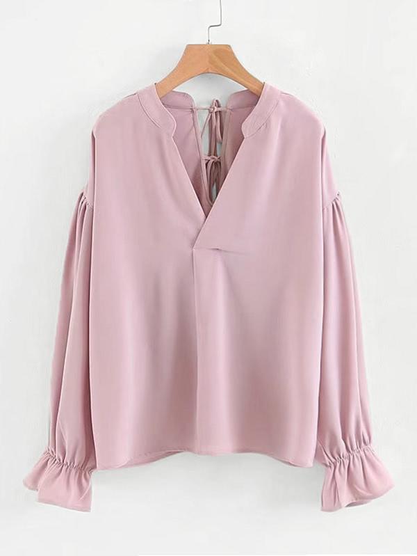 Romwe Lace Up Back Fluted Sleeve Blouse