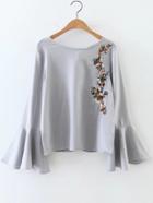 Romwe Grey Flower Embroidery Bell Sleeve Cutout Blouse