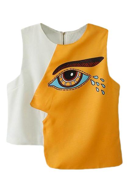 Romwe Eyes Print Asymmetric Round Neck Sleeveless Blouse