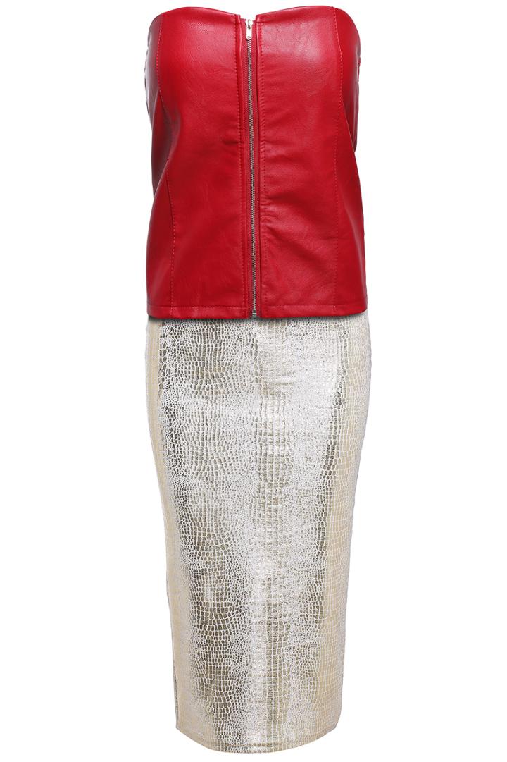 Romwe Zip Back Straps Pu Red Vest With Bodycon Skirt