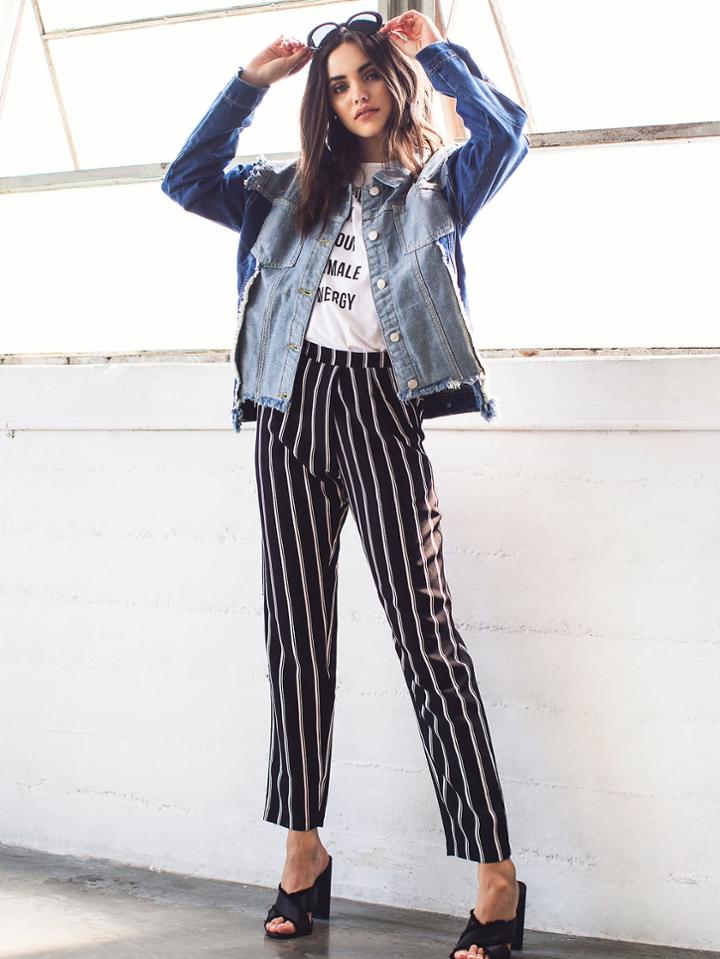 Romwe Pleated Waistband Pinstripe Peg Pants With Hidden Pocket
