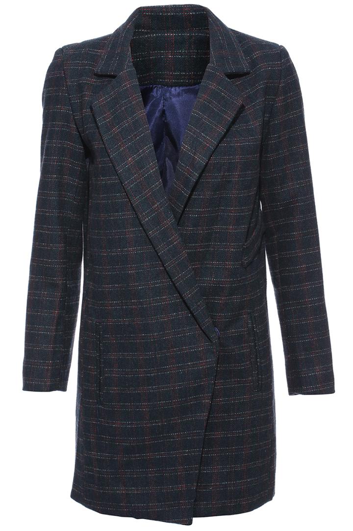 Romwe British Plaid Coat-blue