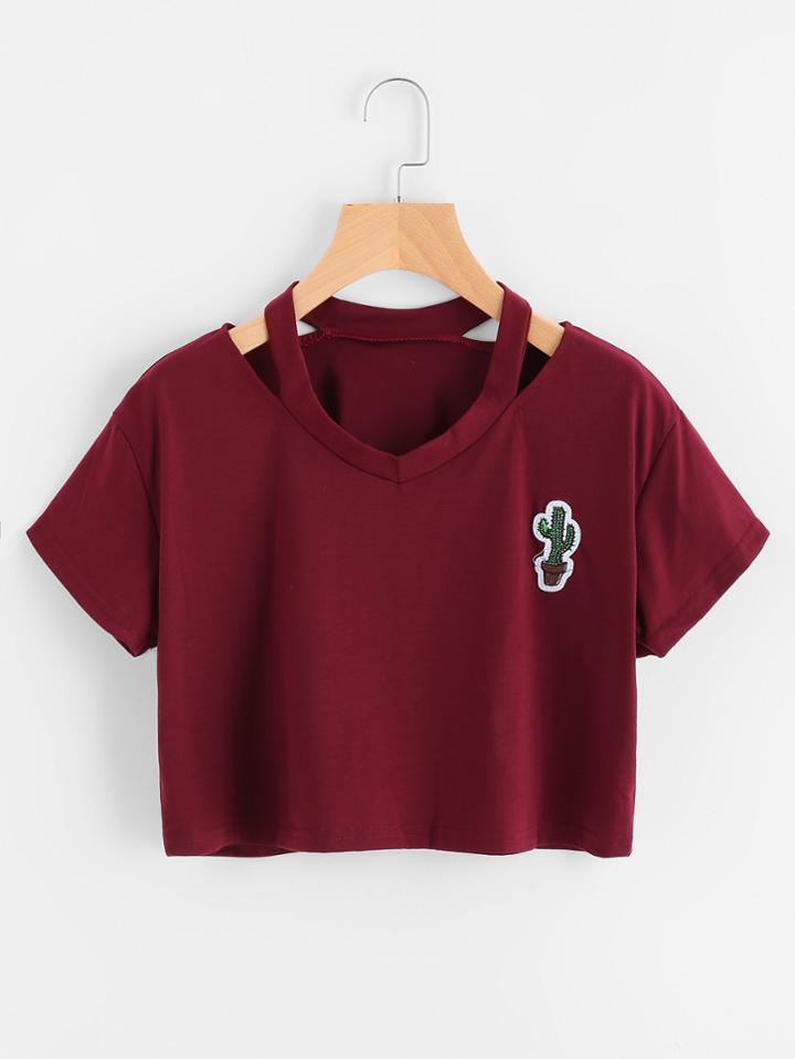 Romwe Cut Out Neck Cactus Embroidered Patch Tee