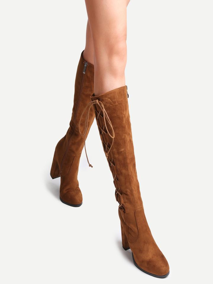 Romwe Camel Faux Suede Lace Up Side High Heel Boots