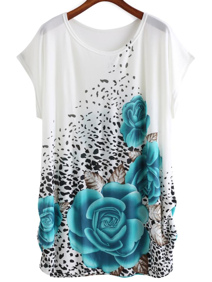 Romwe Flower Print Loose White T-shirt