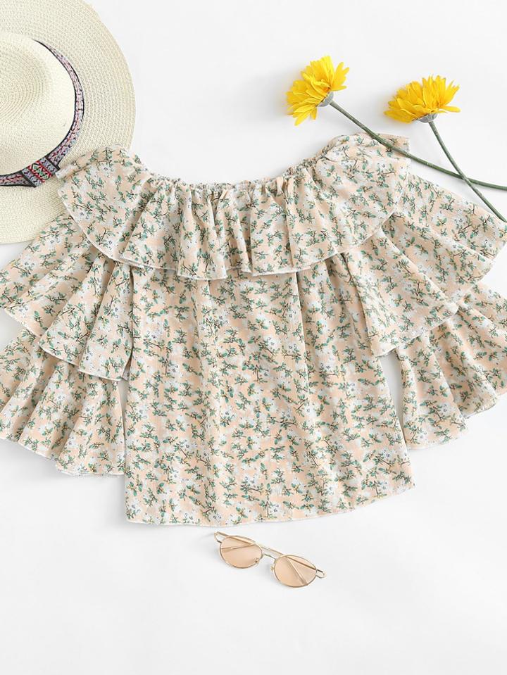 Romwe Off Shoulder Layered Sleeve Calico Print Top