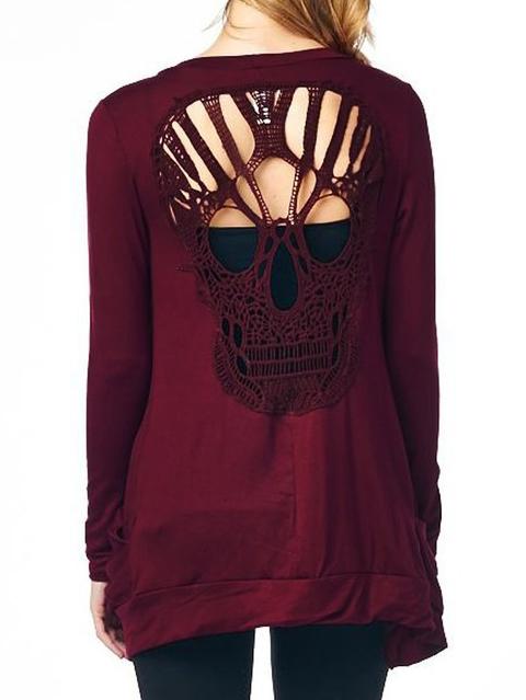 Romwe Skull Crochet Hollow Out Burgundy Coat With Pockets