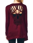 Romwe Skull Crochet Hollow Out Burgundy Coat With Pockets