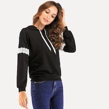 Romwe Lace Panel Rib Trim Hoodie
