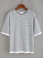 Romwe Blue Striped Fringe Trimmed T-shirt