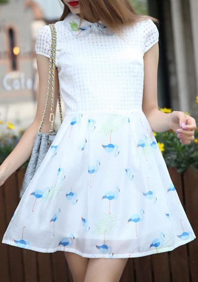 Romwe Red-crowned Crane Embroidered Flare Dress